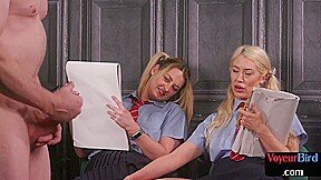 Horny voyeur babes teasing old wanker
