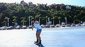 Skateboarding fail of big butt Thai MILF who fucks at home after