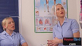 Stunning nurse voyeurs teasing a guy